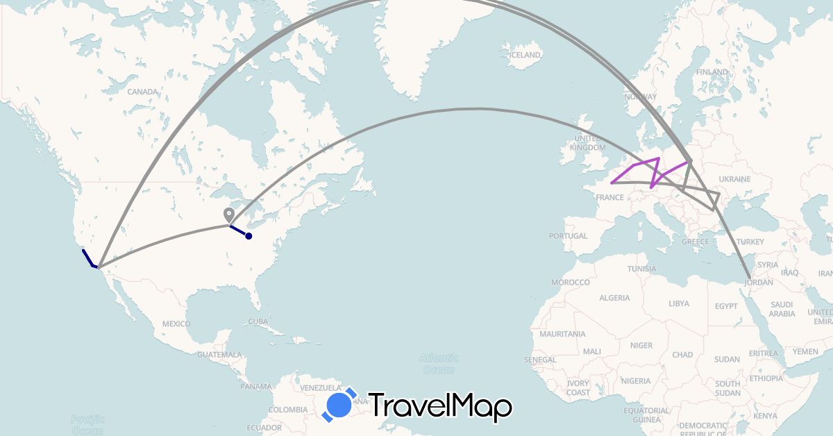 TravelMap itinerary: driving, bus, plane, train in Czech Republic, Germany, France, Hungary, Israel, Poland, Romania, United States (Asia, Europe, North America)